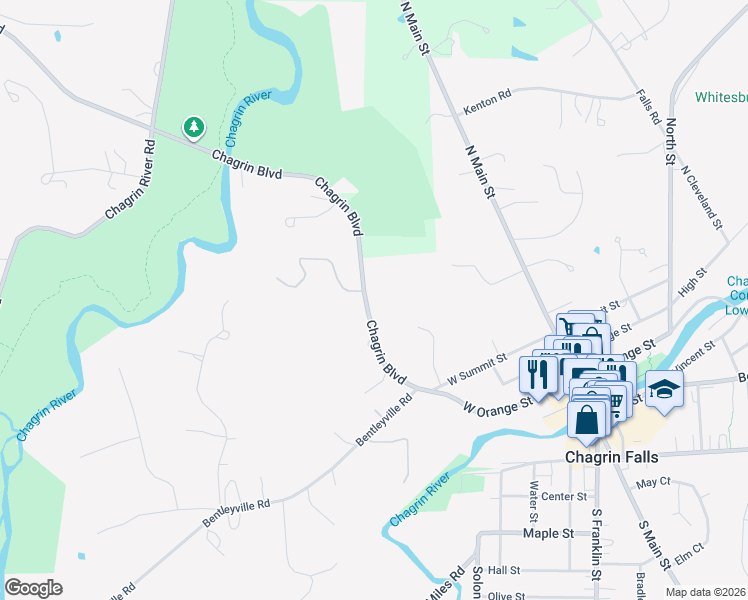 map of restaurants, bars, coffee shops, grocery stores, and more near 215 Chagrin Boulevard in Chagrin Falls