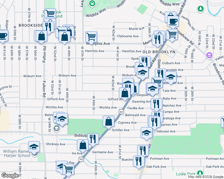map of restaurants, bars, coffee shops, grocery stores, and more near 4202 Ardmore Avenue in Cleveland