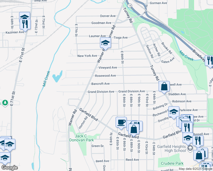 map of restaurants, bars, coffee shops, grocery stores, and more near 8313 Grand Division Avenue in Cleveland