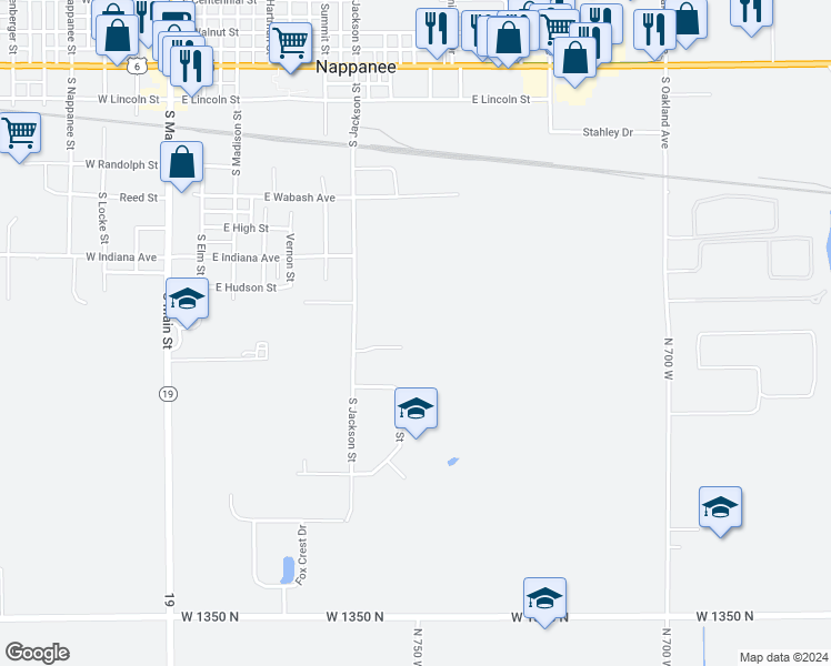 map of restaurants, bars, coffee shops, grocery stores, and more near 218 Stonewall Court in Nappanee