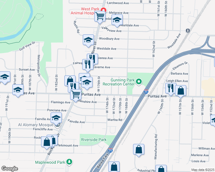 map of restaurants, bars, coffee shops, grocery stores, and more near 4412 West 173rd Street in Cleveland