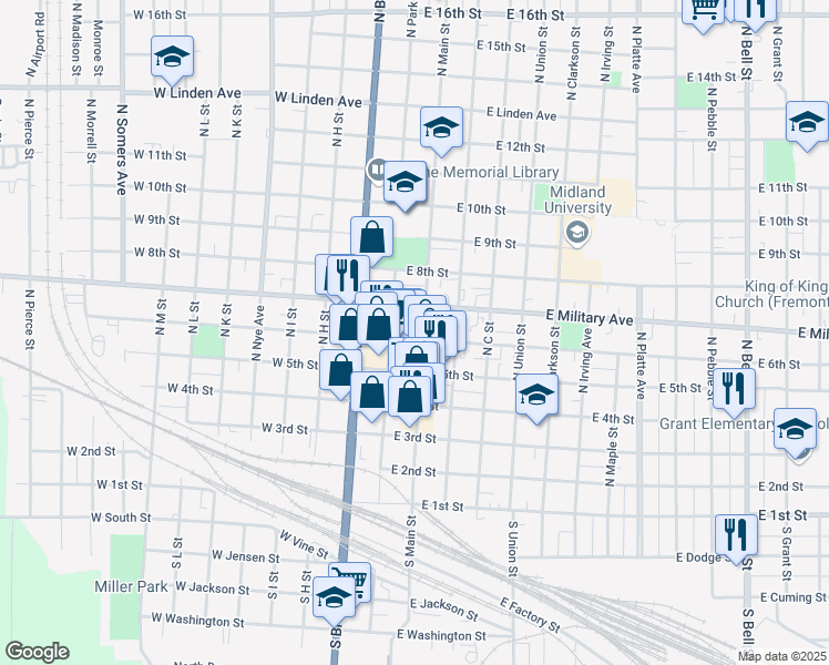 map of restaurants, bars, coffee shops, grocery stores, and more near 505 North Main Street in Fremont