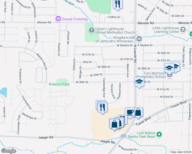 map of restaurants, bars, coffee shops, grocery stores, and more near 2710 West 40th Street in Lorain