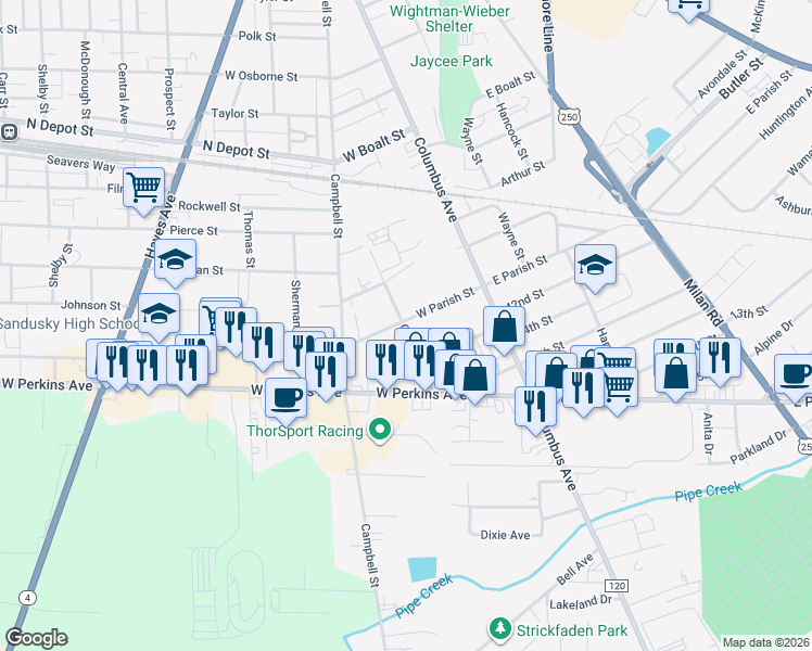 map of restaurants, bars, coffee shops, grocery stores, and more near in Sandusky