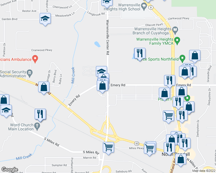 map of restaurants, bars, coffee shops, grocery stores, and more near 4545 Warrensville Center Rd in Cleveland