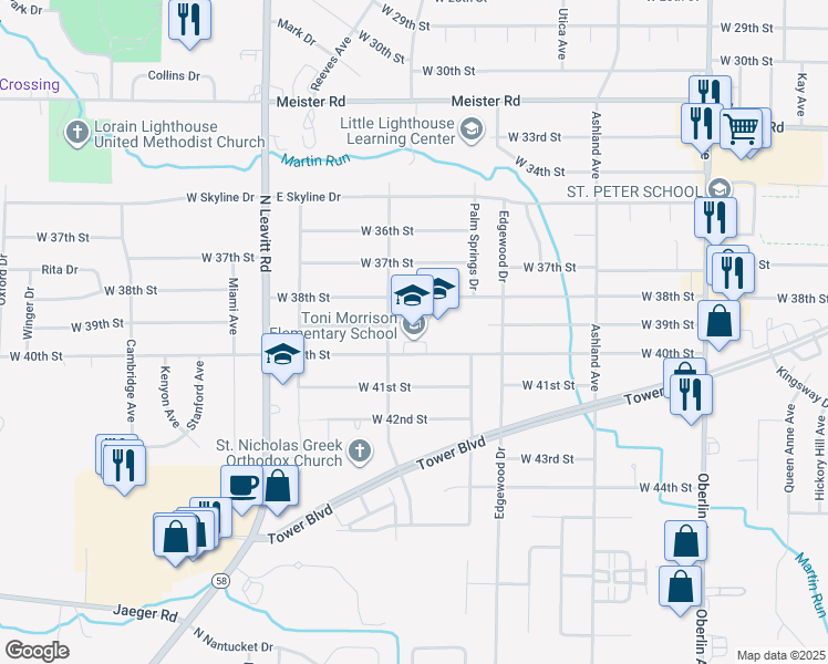 map of restaurants, bars, coffee shops, grocery stores, and more near 1830 West 40th Street in Lorain