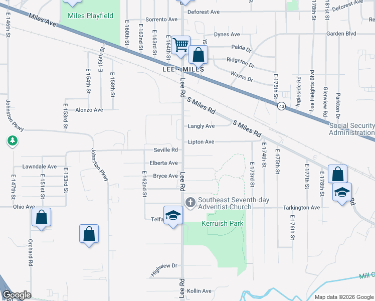 map of restaurants, bars, coffee shops, grocery stores, and more near 16600 Meadowvale Avenue in Cleveland