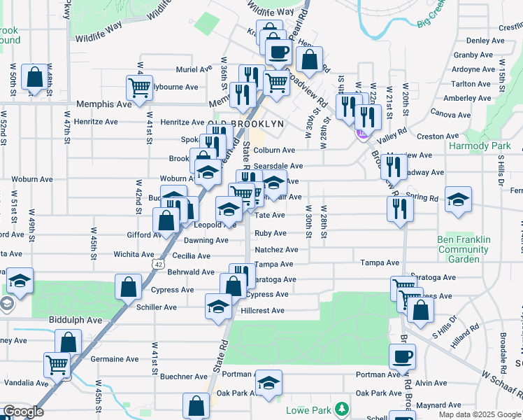 map of restaurants, bars, coffee shops, grocery stores, and more near in Cleveland