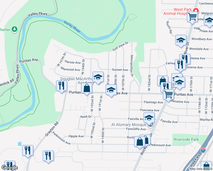 map of restaurants, bars, coffee shops, grocery stores, and more near 19108 Puritas Avenue in Cleveland
