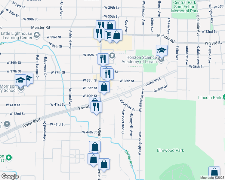 map of restaurants, bars, coffee shops, grocery stores, and more near 1130 Tower Boulevard in Lorain