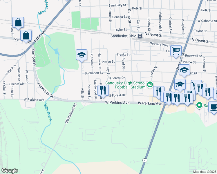 map of restaurants, bars, coffee shops, grocery stores, and more near 2131 East Forest Drive in Sandusky