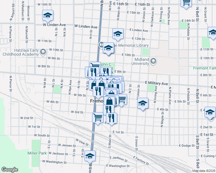 map of restaurants, bars, coffee shops, grocery stores, and more near 505 North Main Street in Fremont
