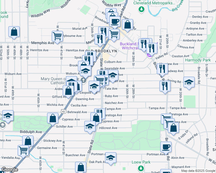 map of restaurants, bars, coffee shops, grocery stores, and more near 3213 Montclair Avenue in Cleveland