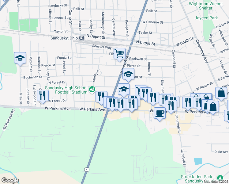 map of restaurants, bars, coffee shops, grocery stores, and more near 2130 Hayes Avenue in Sandusky