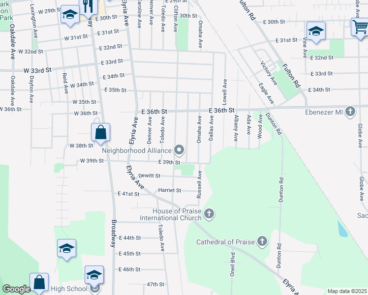 map of restaurants, bars, coffee shops, grocery stores, and more near 3808 Canton Avenue in Lorain