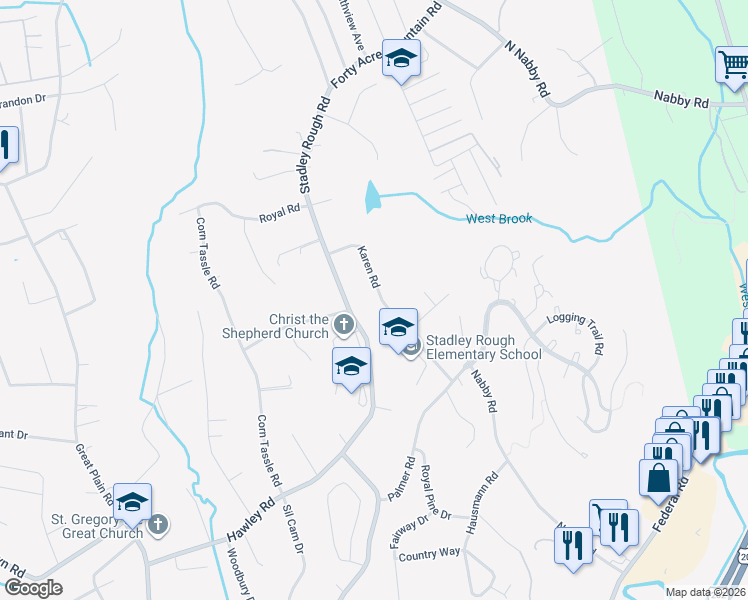 map of restaurants, bars, coffee shops, grocery stores, and more near 19 Karen Road in Danbury