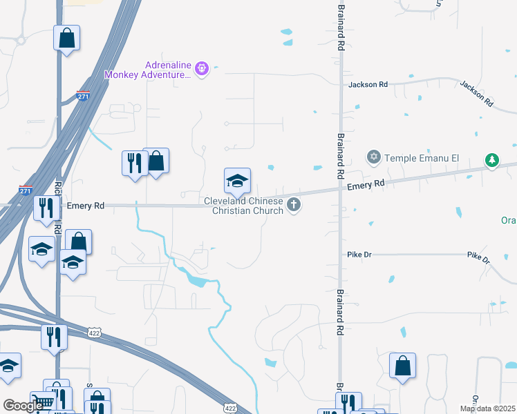 map of restaurants, bars, coffee shops, grocery stores, and more near 27400 Emery Road in Cleveland