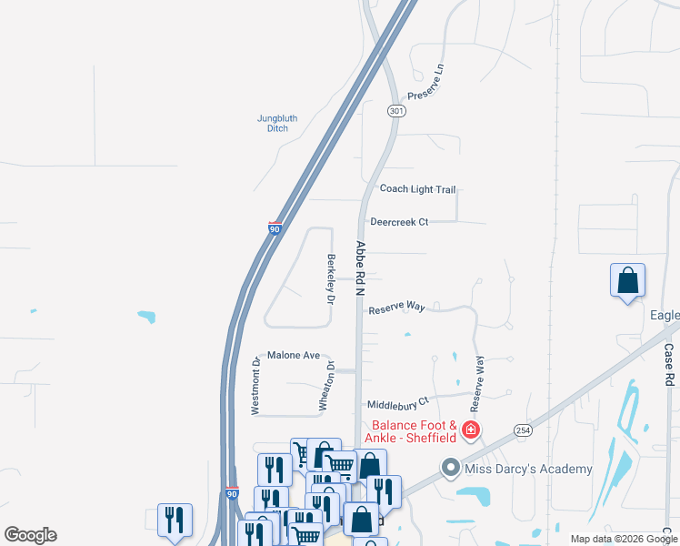 map of restaurants, bars, coffee shops, grocery stores, and more near 4210 Ohio 301 in Sheffield Lake