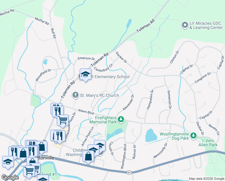 map of restaurants, bars, coffee shops, grocery stores, and more near 1 Reed Court in Washingtonville