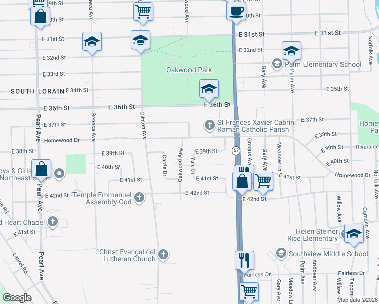 map of restaurants, bars, coffee shops, grocery stores, and more near 3916 Yale Drive in Lorain