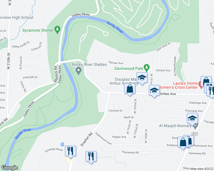 map of restaurants, bars, coffee shops, grocery stores, and more near 19610 Puritas Avenue in Cleveland