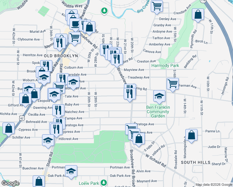map of restaurants, bars, coffee shops, grocery stores, and more near 2309 Tate Avenue in Cleveland