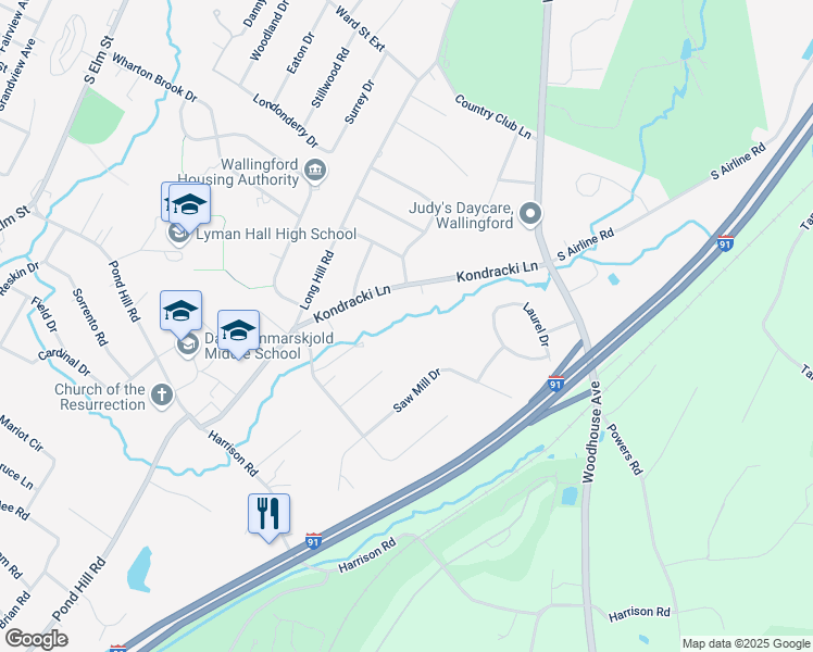 map of restaurants, bars, coffee shops, grocery stores, and more near 55 Kondracki Lane in Wallingford