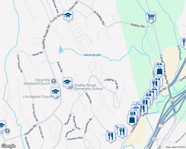 map of restaurants, bars, coffee shops, grocery stores, and more near 104 Logging Trail Road in Danbury