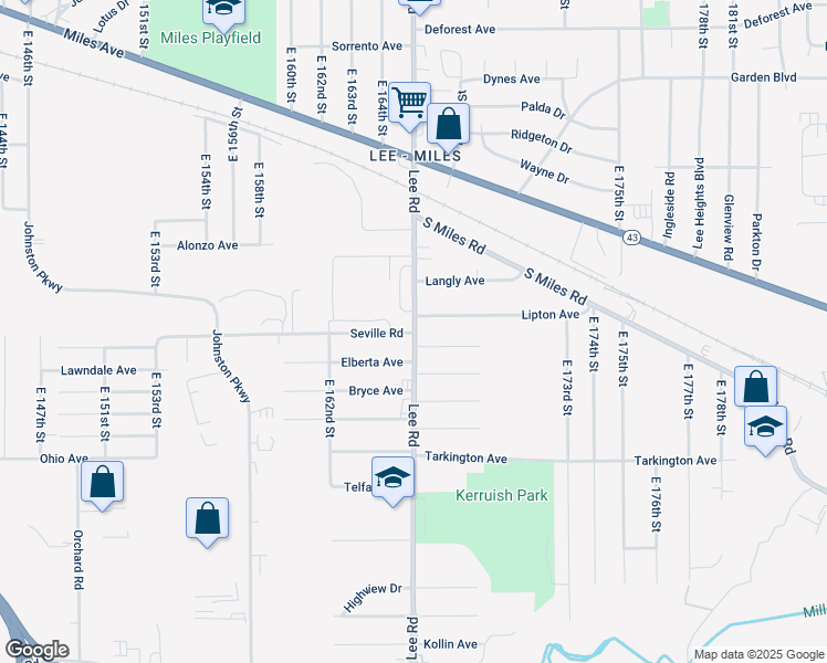 map of restaurants, bars, coffee shops, grocery stores, and more near 16413 Elberta Avenue in Cleveland