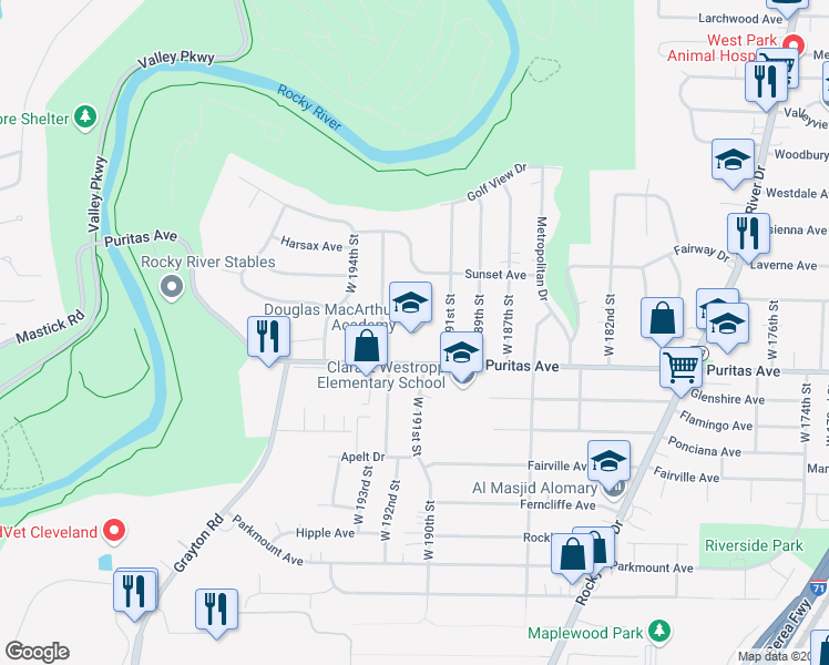 map of restaurants, bars, coffee shops, grocery stores, and more near 19108 Puritas Avenue in Cleveland