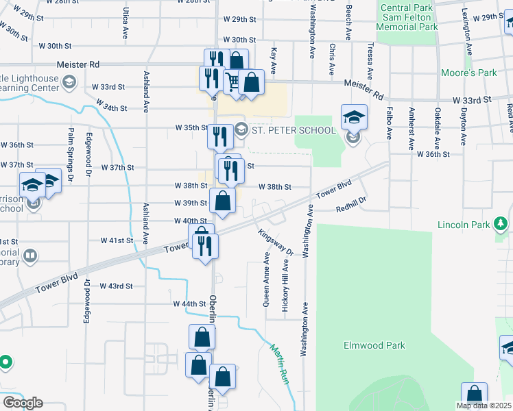 map of restaurants, bars, coffee shops, grocery stores, and more near 1130 Tower Boulevard in Lorain