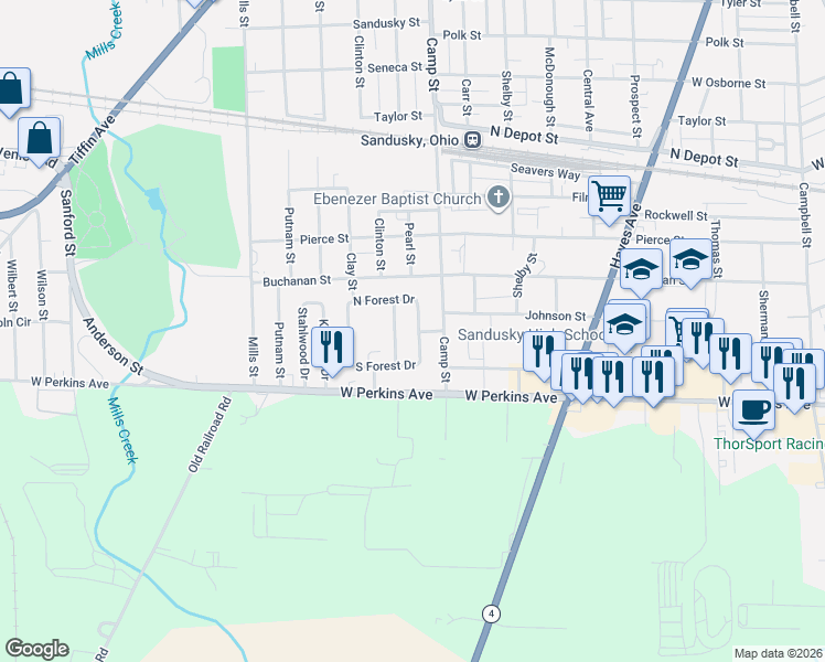 map of restaurants, bars, coffee shops, grocery stores, and more near 2132 East Forest Drive in Sandusky