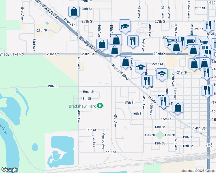 map of restaurants, bars, coffee shops, grocery stores, and more near 1860 45th Avenue in Columbus