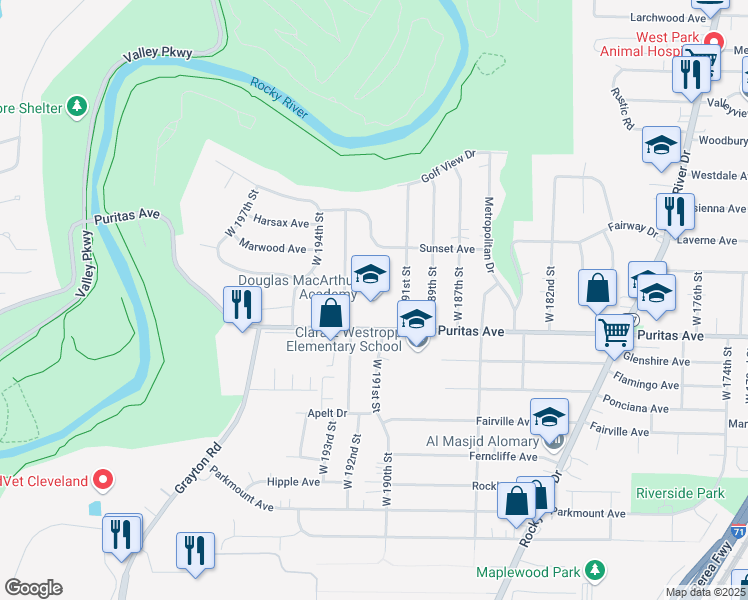 map of restaurants, bars, coffee shops, grocery stores, and more near 4401 Valleyside Road in Cleveland