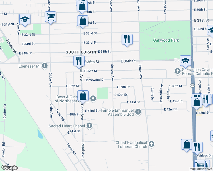 map of restaurants, bars, coffee shops, grocery stores, and more near 1873 East 39th Court in Lorain