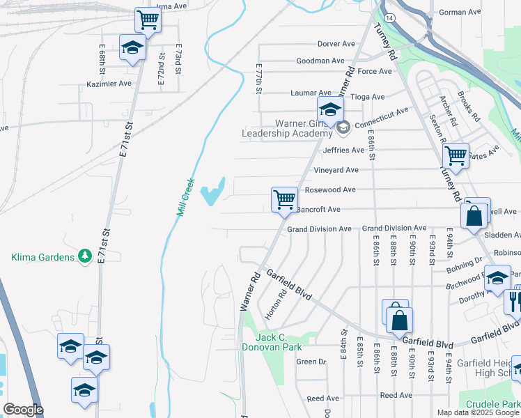map of restaurants, bars, coffee shops, grocery stores, and more near 7805 Bancroft Avenue in Cleveland