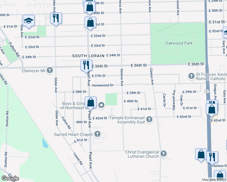 map of restaurants, bars, coffee shops, grocery stores, and more near 1873 East 39th Court in Lorain