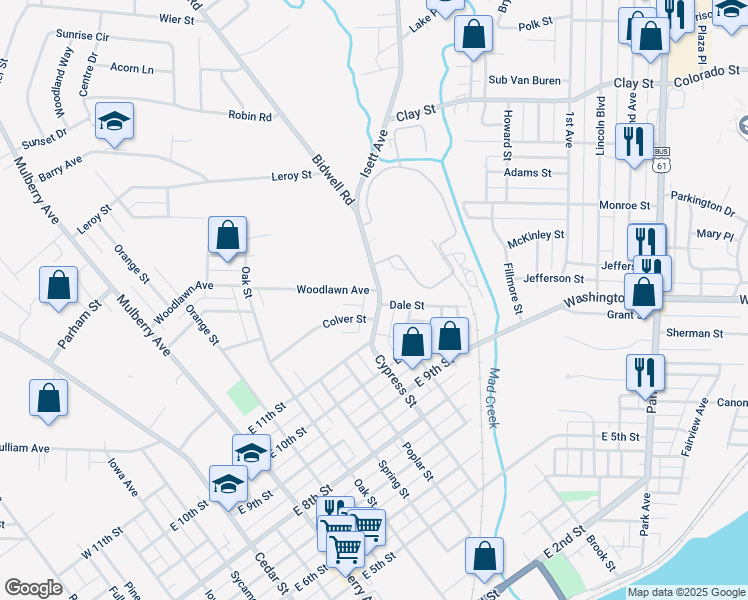 map of restaurants, bars, coffee shops, grocery stores, and more near 1111 Isett Avenue in Muscatine