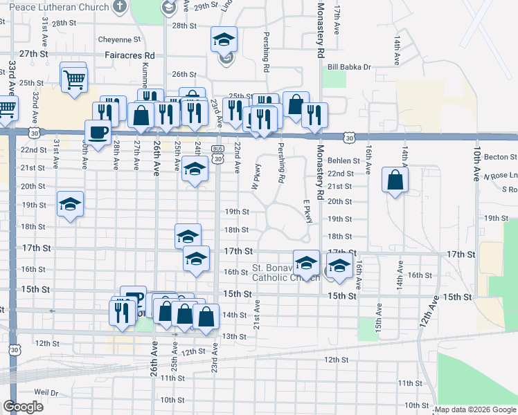 map of restaurants, bars, coffee shops, grocery stores, and more near 102 Pershing Road in Columbus