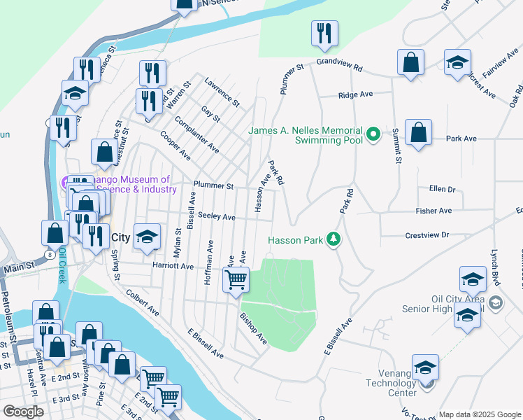 map of restaurants, bars, coffee shops, grocery stores, and more near 289 Cedar Avenue in Oil City