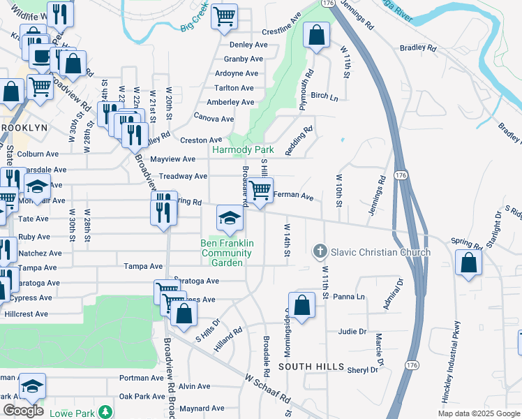 map of restaurants, bars, coffee shops, grocery stores, and more near 4462 South Hills Drive in Cleveland