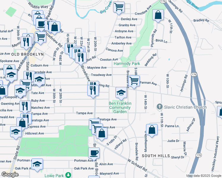 map of restaurants, bars, coffee shops, grocery stores, and more near 4455 West 20th Street in Cleveland