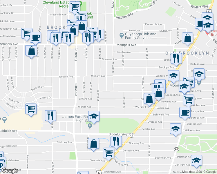 map of restaurants, bars, coffee shops, grocery stores, and more near 4715 Ardmore Avenue in Cleveland