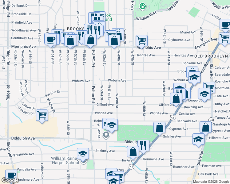 map of restaurants, bars, coffee shops, grocery stores, and more near 4829 Ardmore Avenue in Cleveland