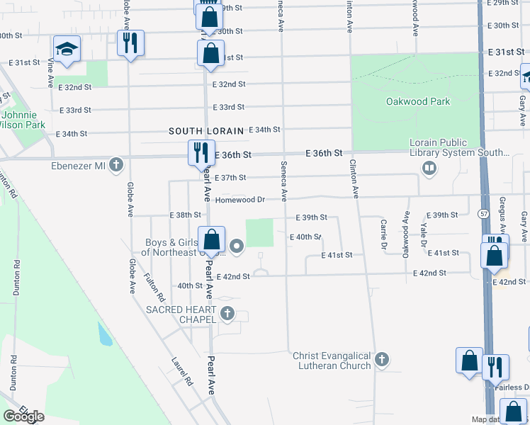 map of restaurants, bars, coffee shops, grocery stores, and more near 1873 East 39th Court in Lorain