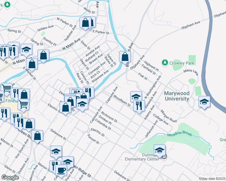 map of restaurants, bars, coffee shops, grocery stores, and more near 903 Woodlawn Street in Scranton
