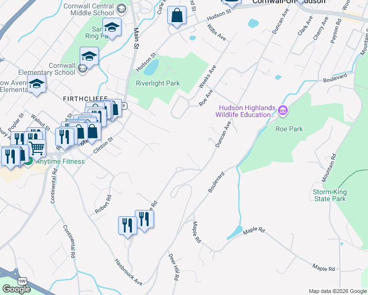map of restaurants, bars, coffee shops, grocery stores, and more near 2 Forest Crest Road in Cornwall