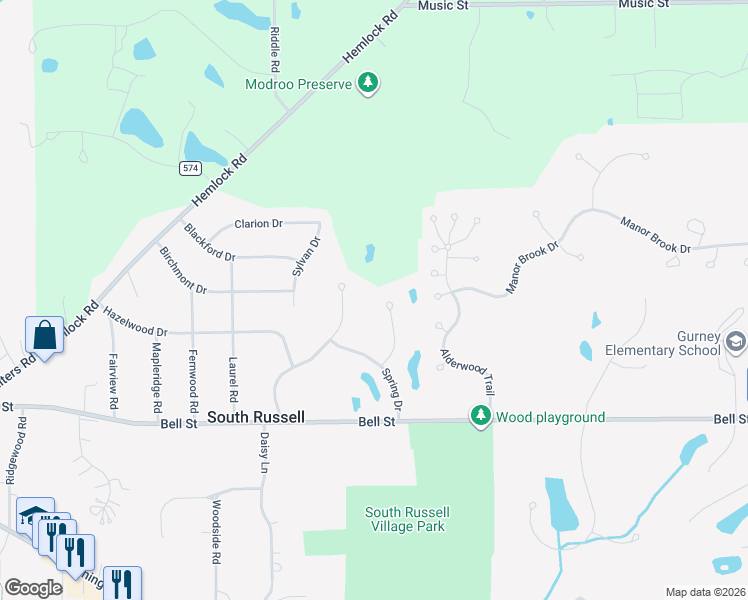 map of restaurants, bars, coffee shops, grocery stores, and more near 101 Anglers Drive in Chagrin Falls