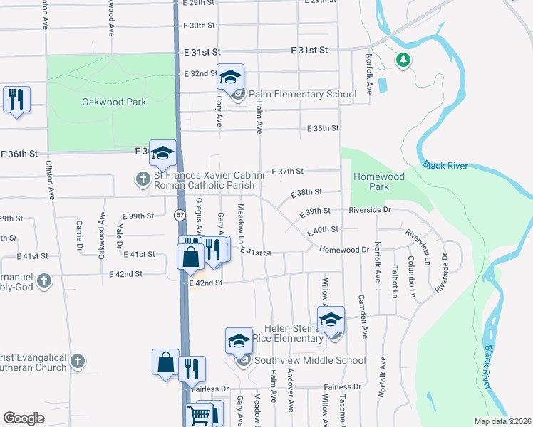map of restaurants, bars, coffee shops, grocery stores, and more near 3995 Palm Avenue in Lorain