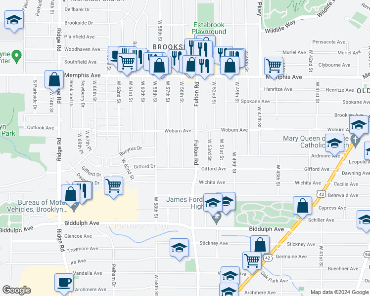 map of restaurants, bars, coffee shops, grocery stores, and more near 4451 West 56th Street in Cleveland